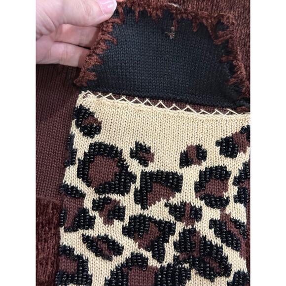 Berek Sweater Womens L Brown Animal Print Leopard Beaded Cardigan Button Vintage - Picture 13 of 16